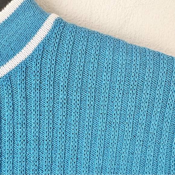 St John Sport Light Blue Mock Neck Ribbed Short Sleeve Sweater - Picture 2 of 8